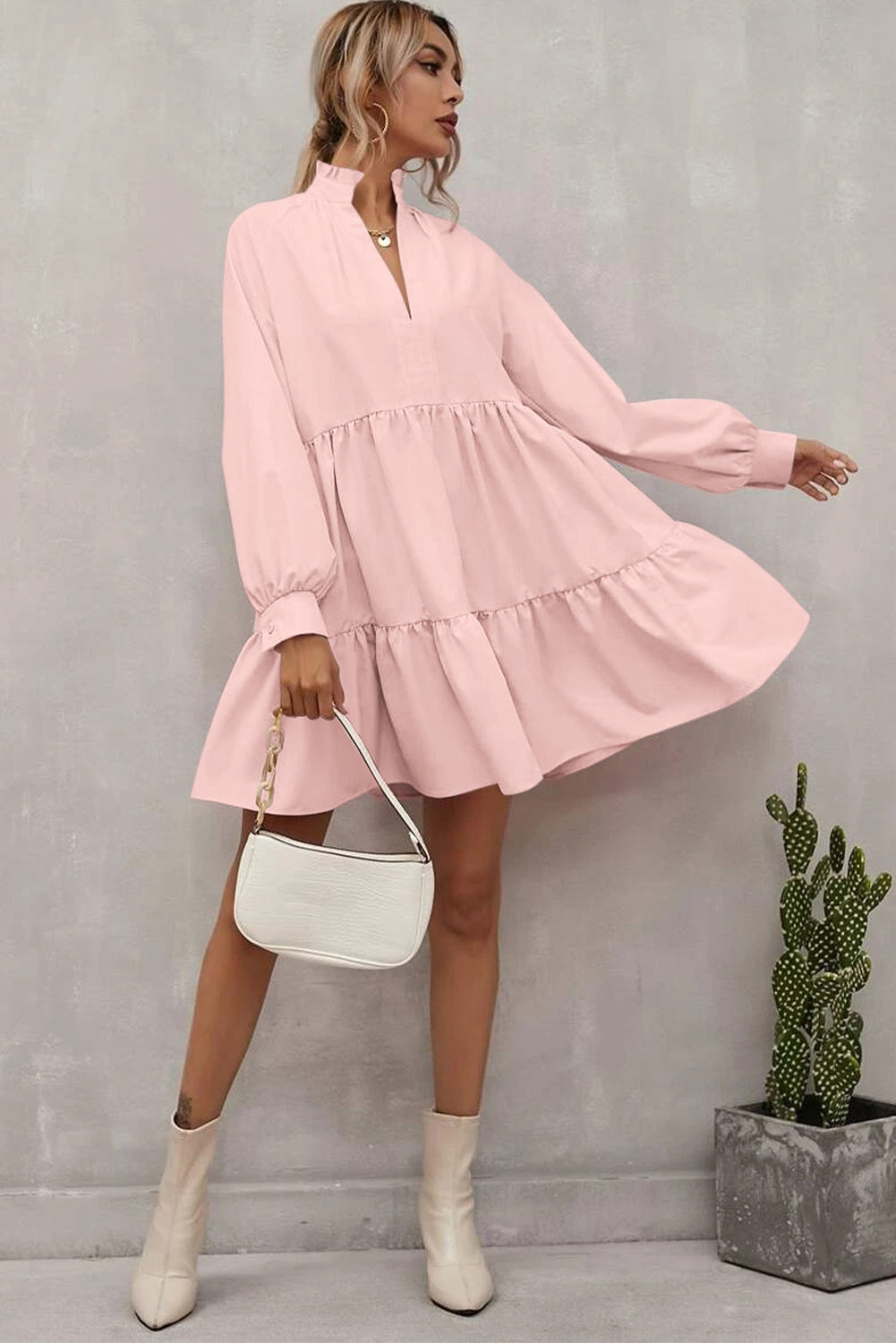 Pink Frilled Stand Collar Long Sleeve