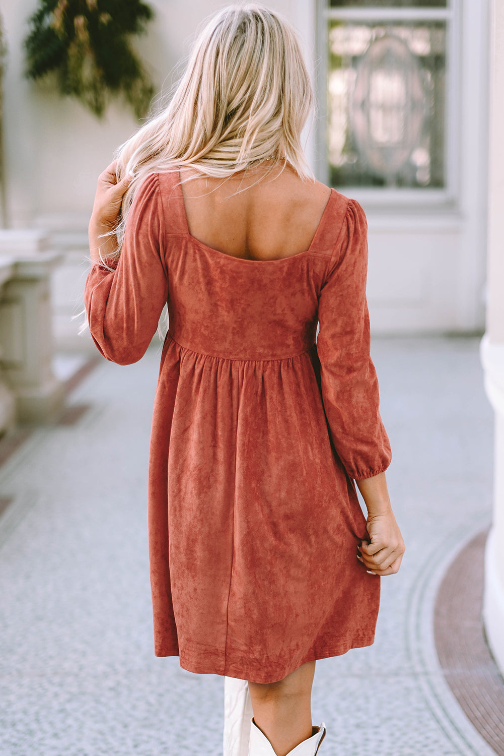 Brown Suede Square Neck Puff Sleeve