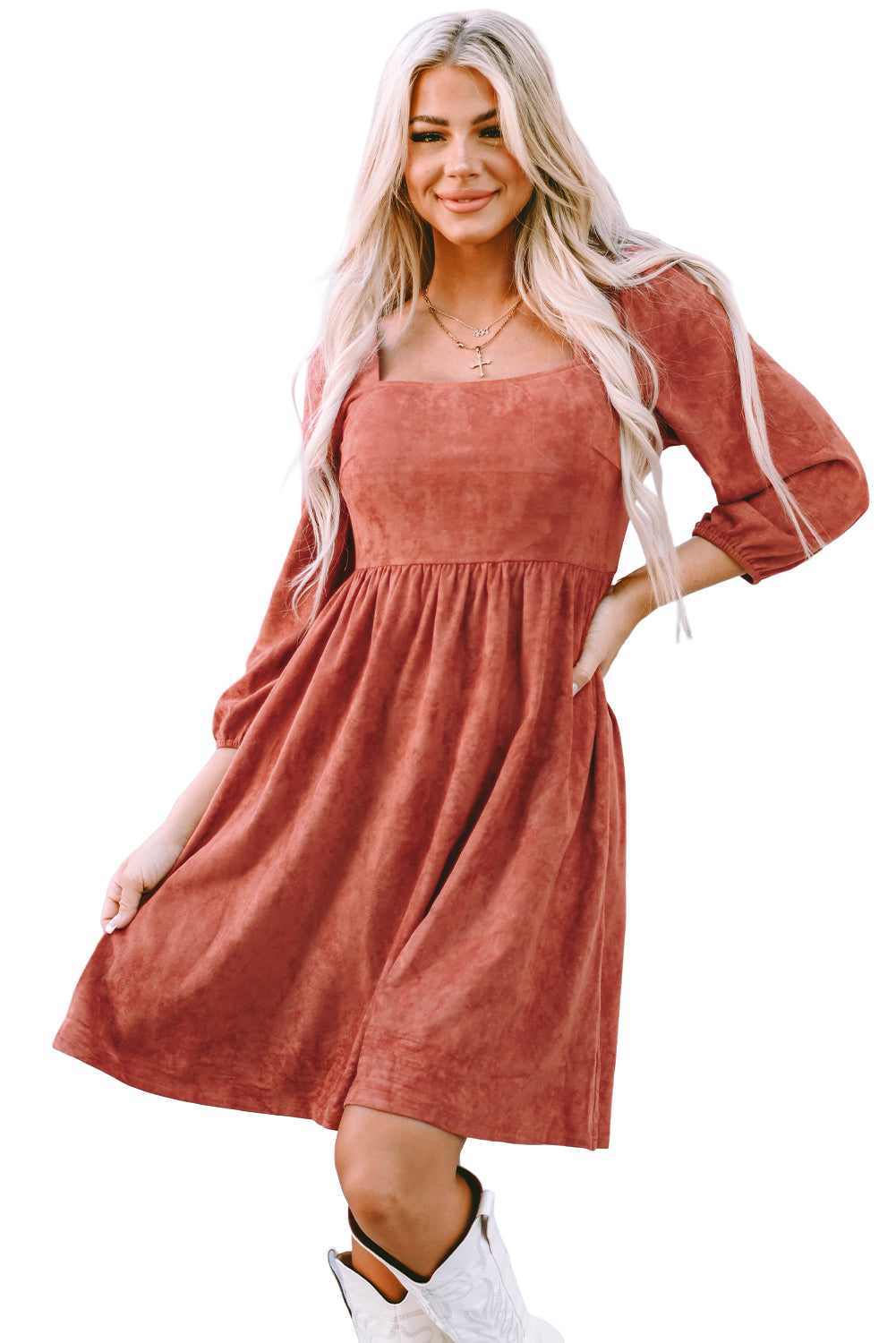 Brown Suede Square Neck Puff Sleeve