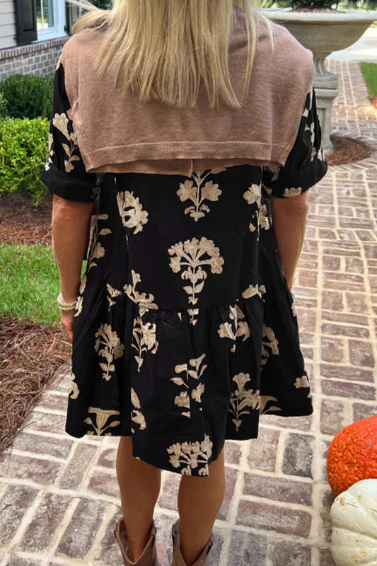 Black Frilled V Neck Puff Short Sleeve Floral Mini Dress