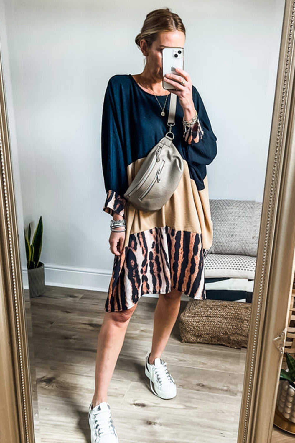 Khaki Printed Tiger Stripe Colorblock Bishop Sleeve