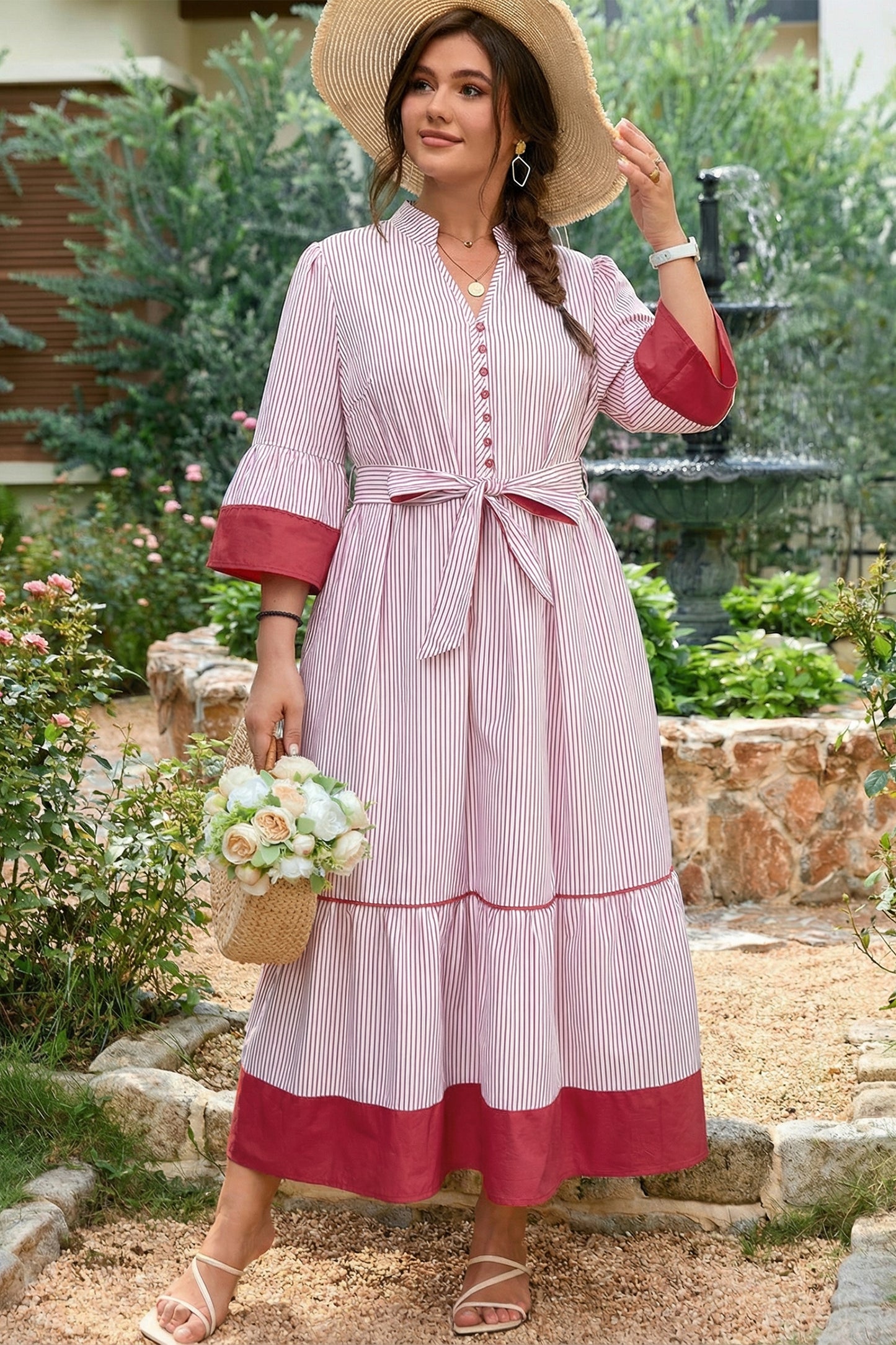 Red Stripe Plus Size Ruffled Hem Pinstriped Midi Dress