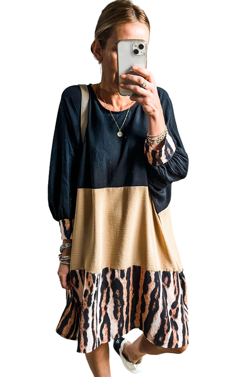 Khaki Printed Tiger Stripe Colorblock Bishop Sleeve