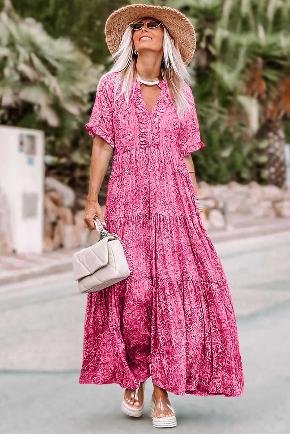 Pink Paisley Print Boho Holiday Ruffle Tiered