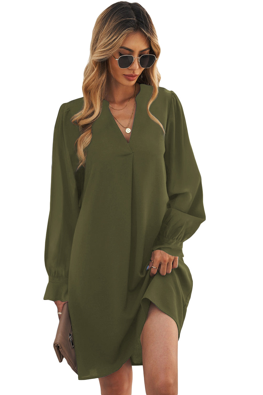 Green Split V Neck Ruffled Sleeves