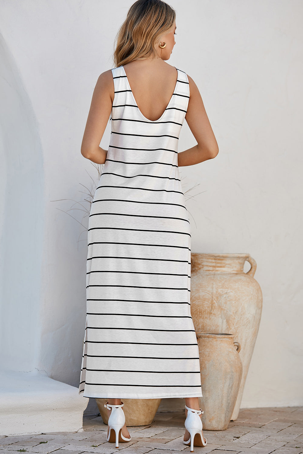 White Stripe Print Open Back Sleeveless