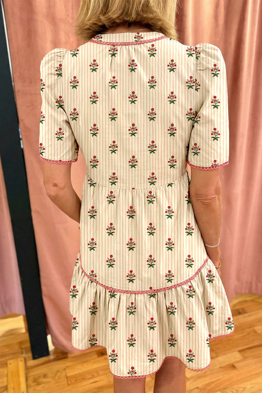 Apricot Striped Floral Print Contrast Detail Ruffle Hem Short Dress