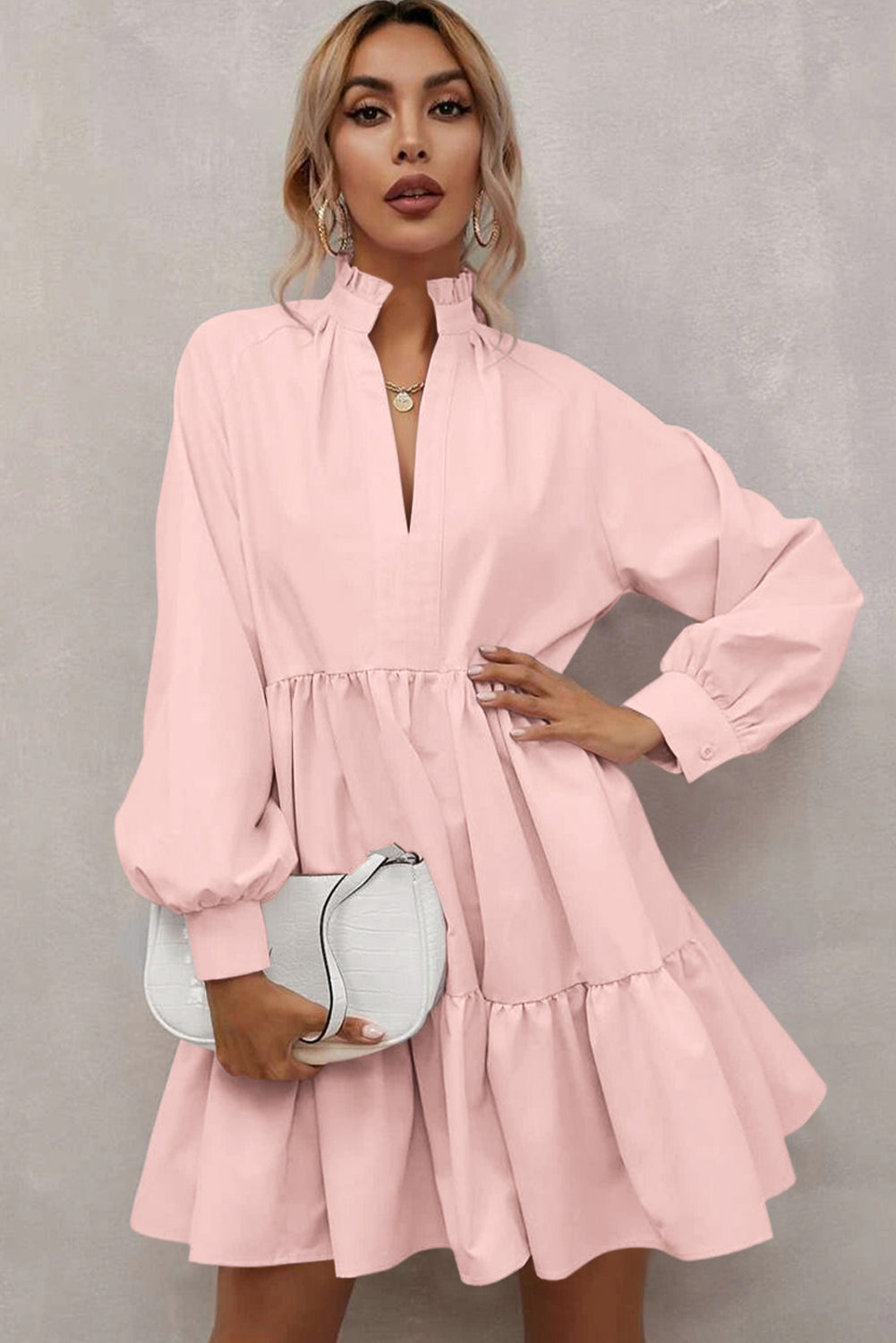 Pink Frilled Stand Collar Long Sleeve