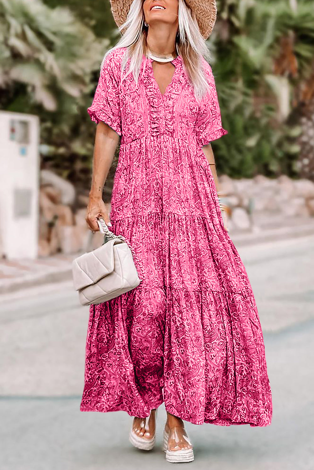 Pink Paisley Print Boho Holiday Ruffle Tiered