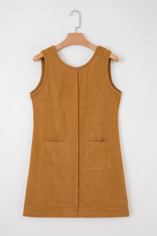 Beige Corduroy Sleeveless Mini Dress With Patched Pockets