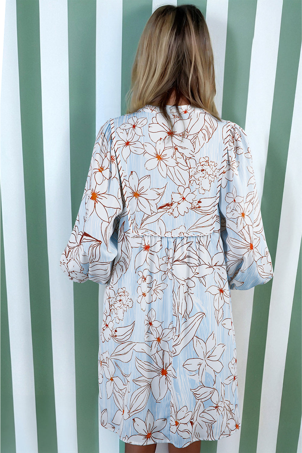 Brown Floral Print Tie Neck 34 Sleeve Mini Dress