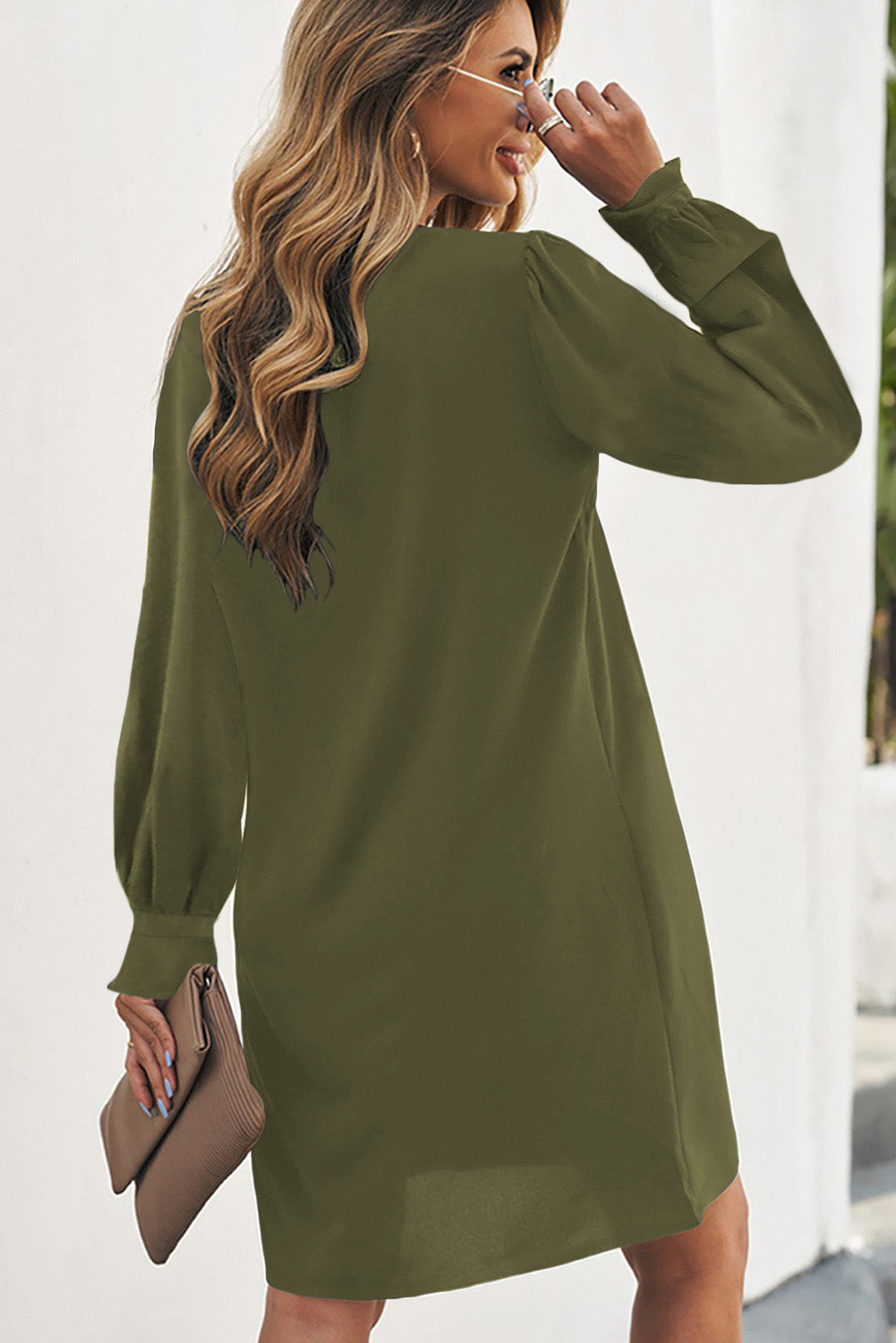 Green Split V Neck Ruffled Sleeves