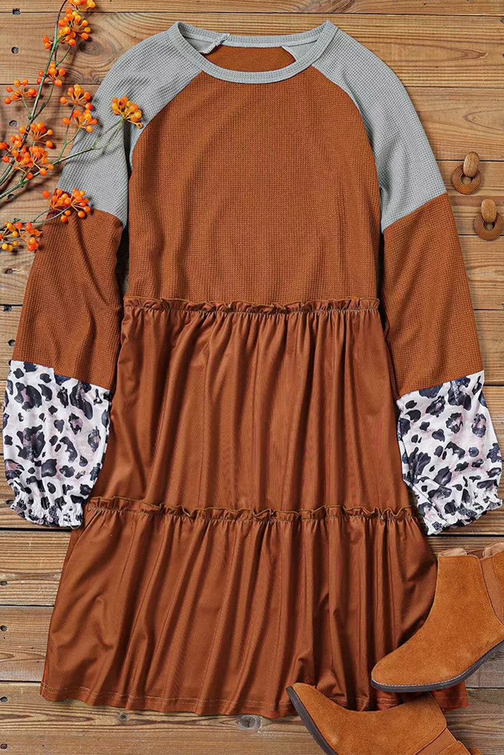 Brown Waffle Knit Leopard Patchwork