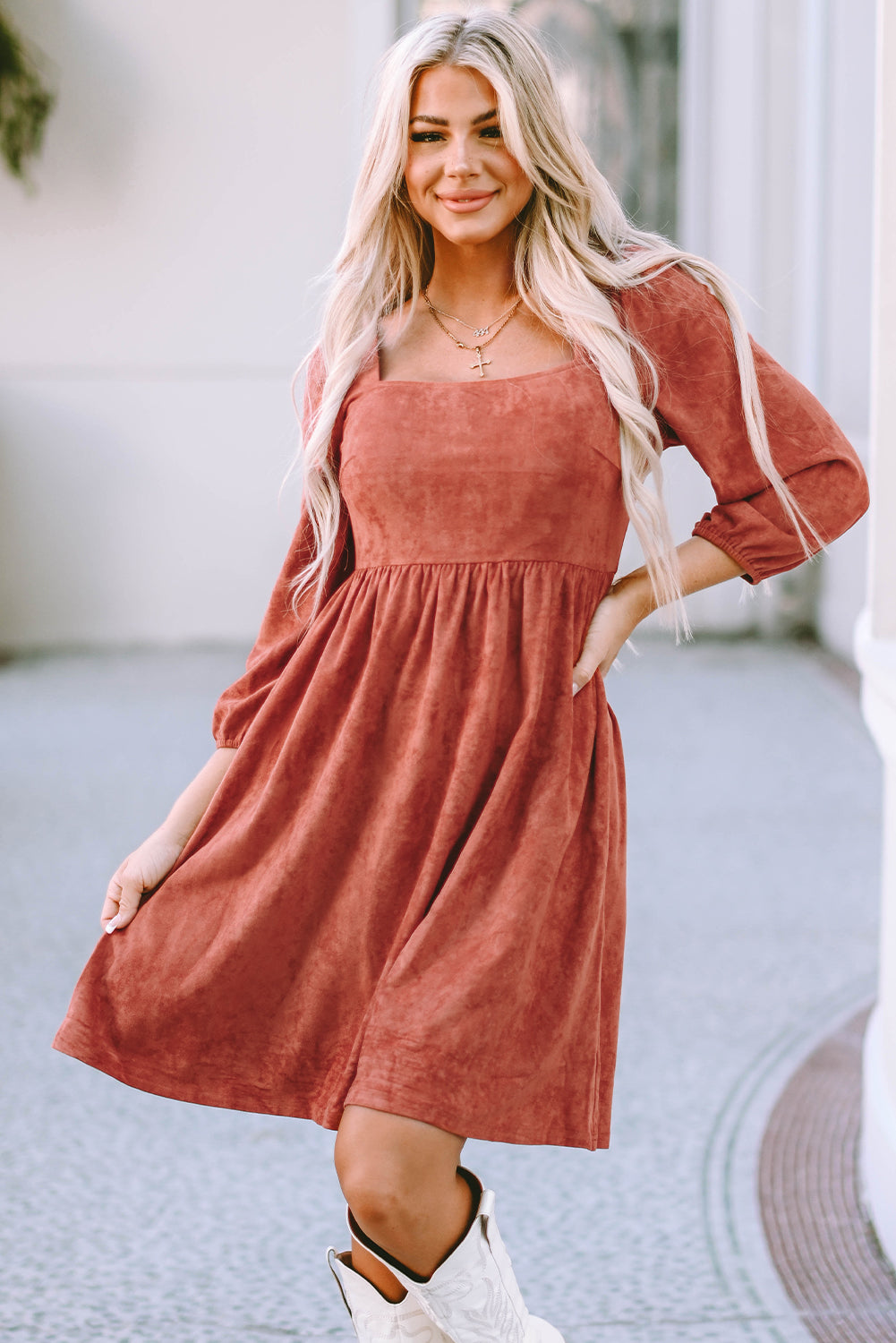Brown Suede Square Neck Puff Sleeve