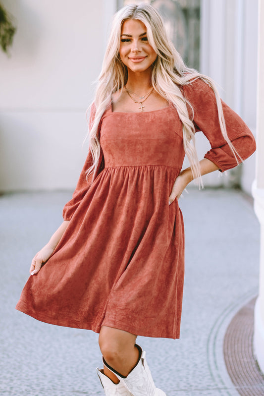 Brown Suede Square Neck Puff Sleeve