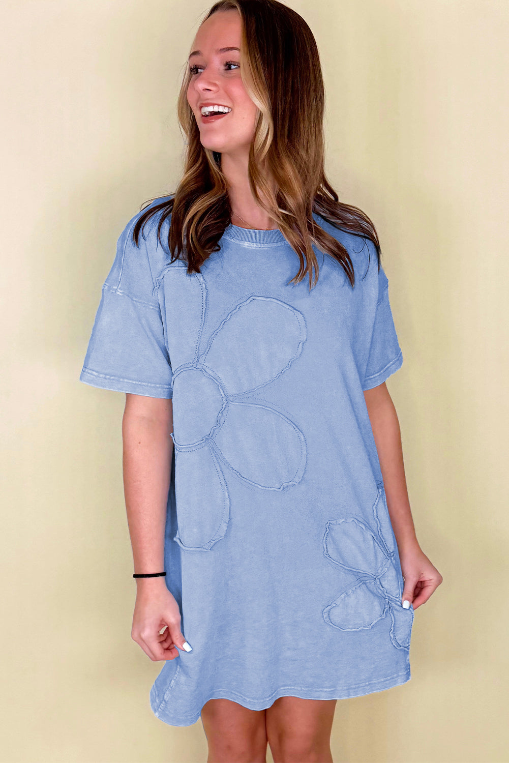 Mint Green Mineral Wash Flower Patchwork Mini T Shirt Dress