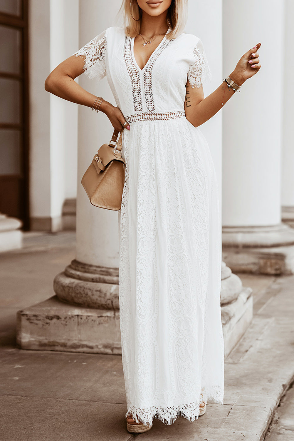 White V Neck High Waist Lace