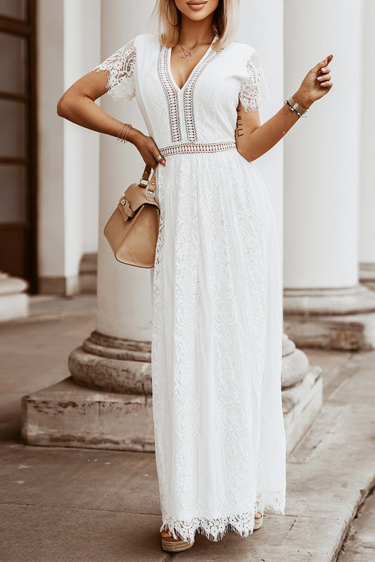 White V Neck High Waist Lace