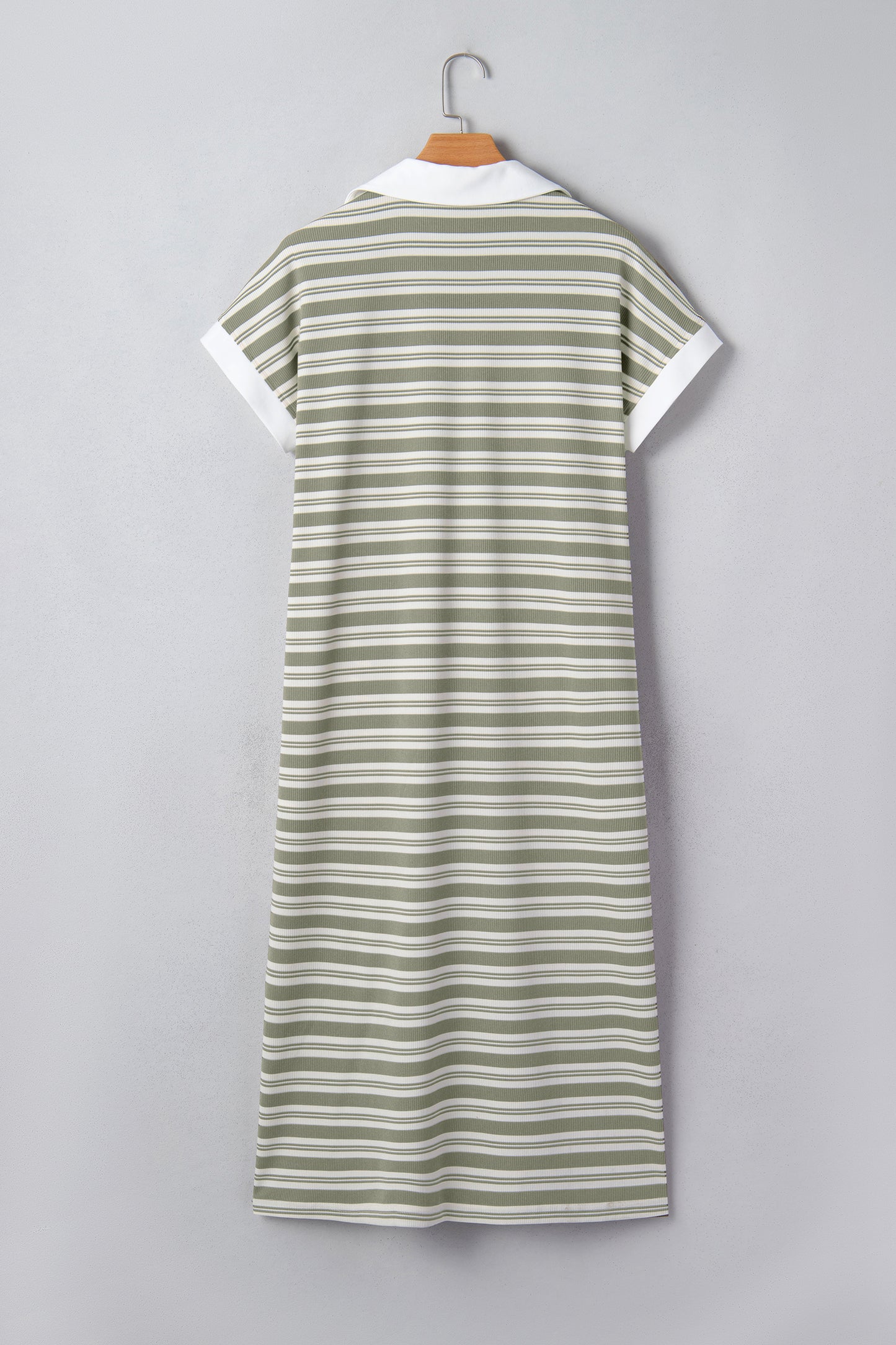 Green Stripe Collared V Neck Short Sleeve T Shirt Midi Dress with Pockets