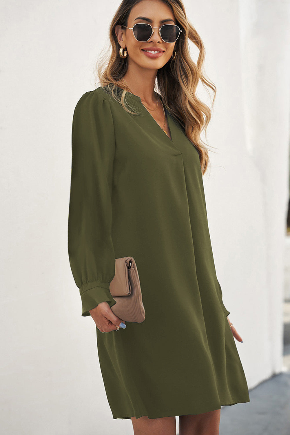 Green Split V Neck Ruffled Sleeves