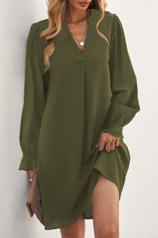 Green Split V Neck Ruffled Sleeves