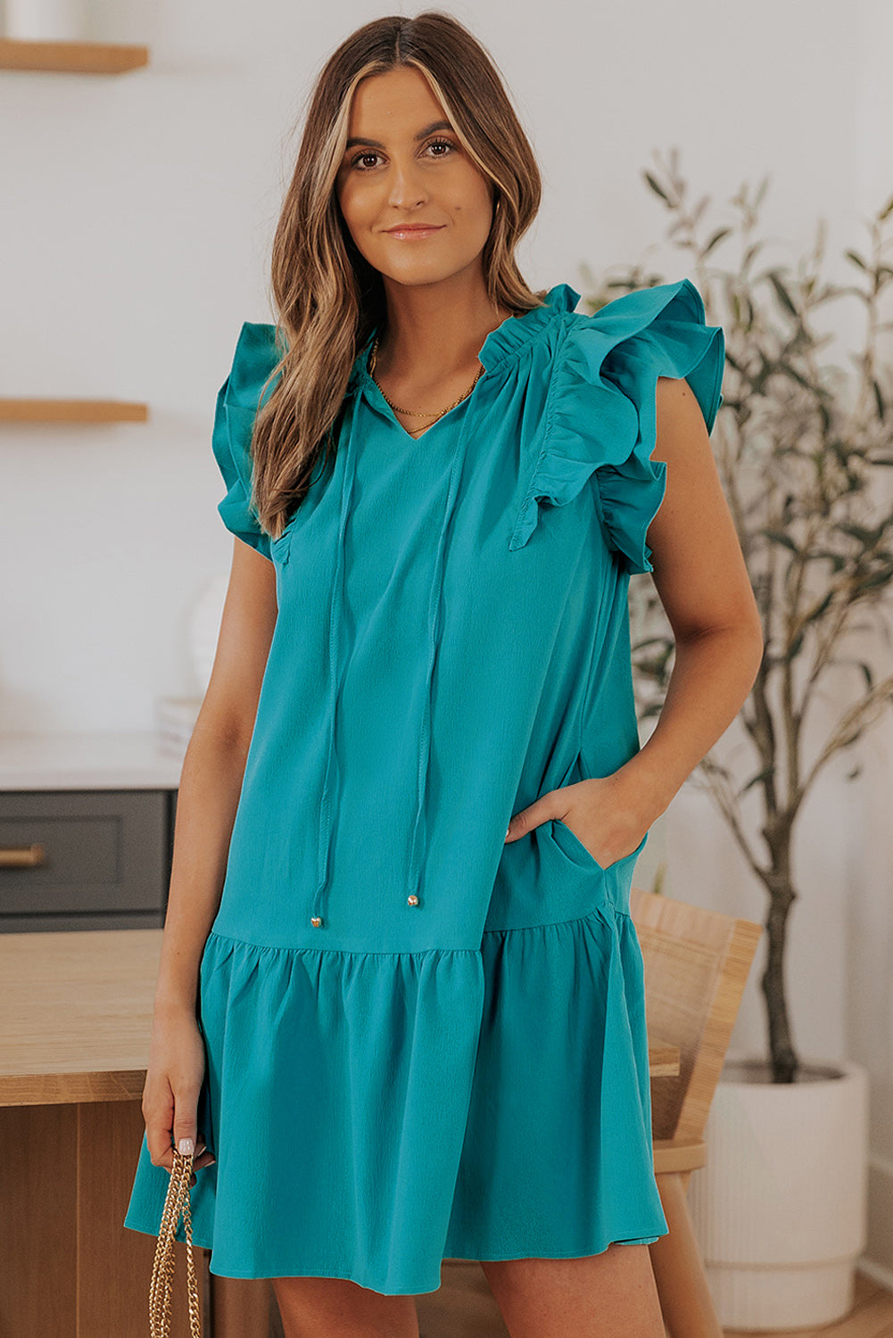 Green Tiered Ruffled Sleeves