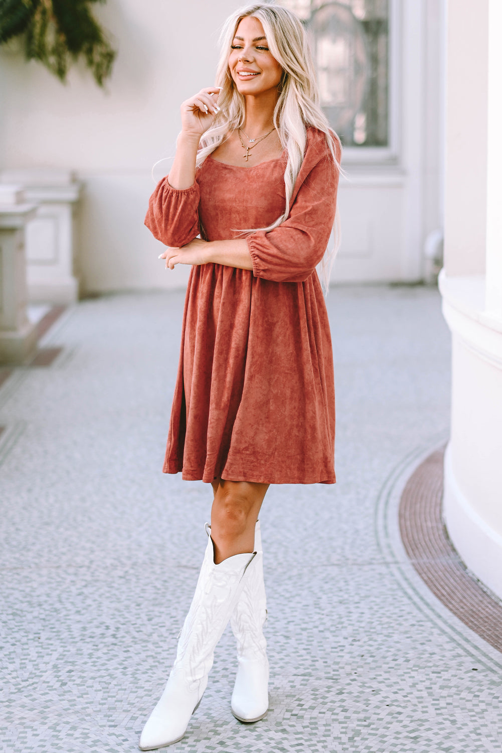 Brown Suede Square Neck Puff Sleeve