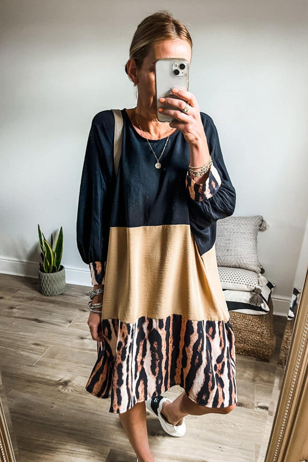 Khaki Printed Tiger Stripe Colorblock Bishop Sleeve