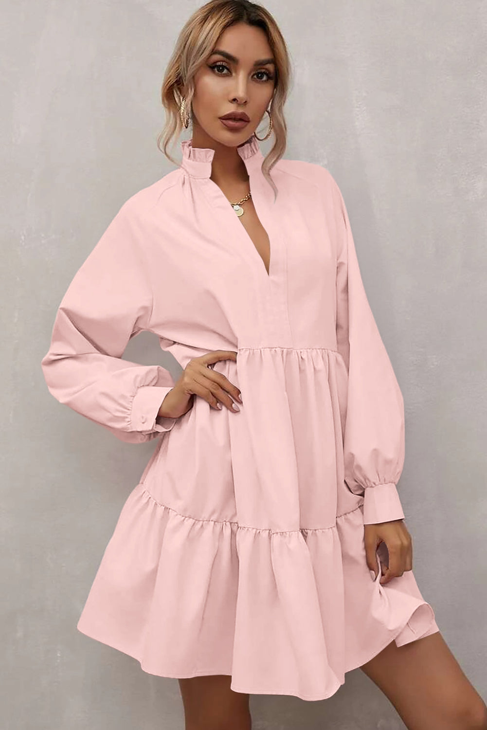 Pink Frilled Stand Collar Long Sleeve