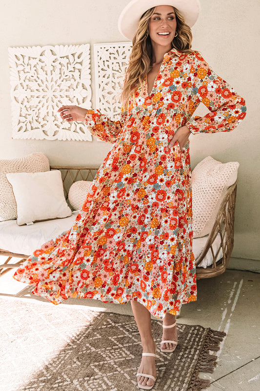 Multicolor Boho Floral Collared Long Sleeve
