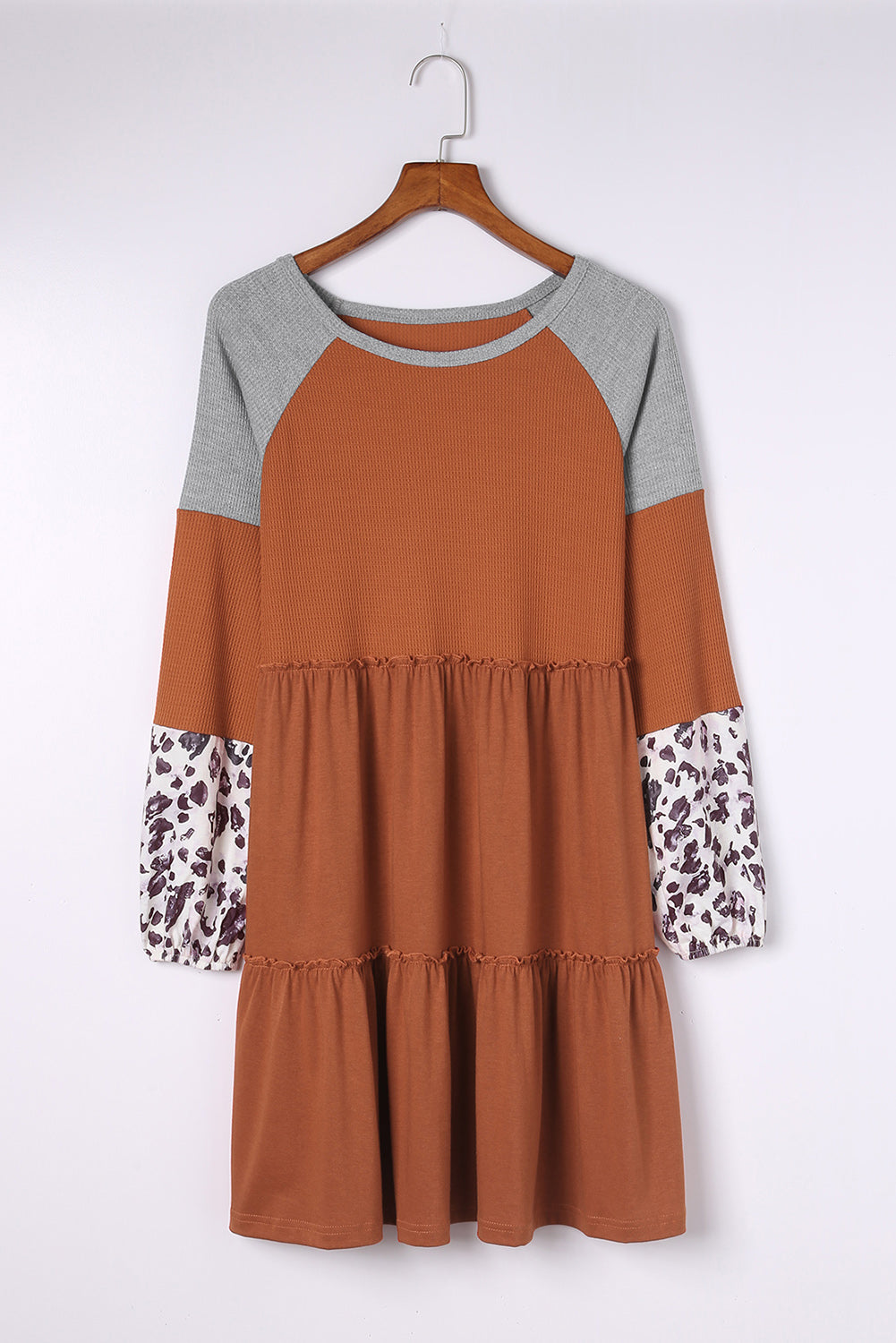 Brown Waffle Knit Leopard Patchwork
