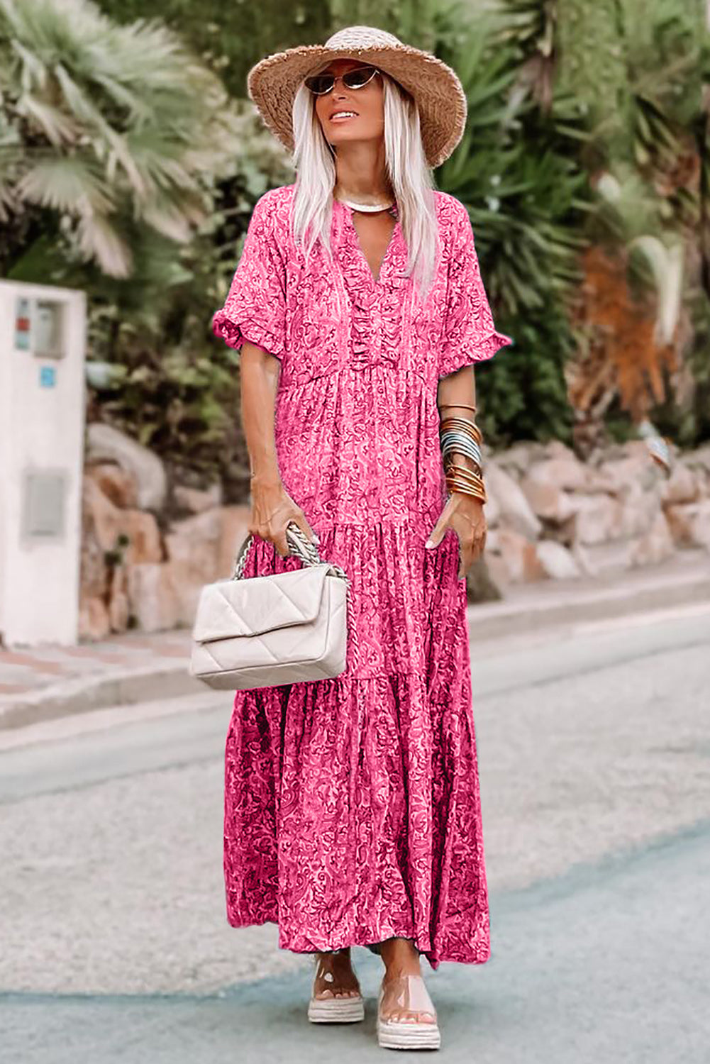 Pink Paisley Print Boho Holiday Ruffle Tiered