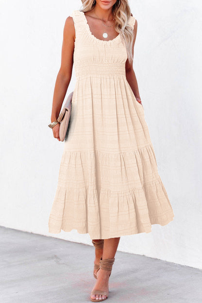 Black Shirred Pleated Square Neck Sleeveless Midi Dress