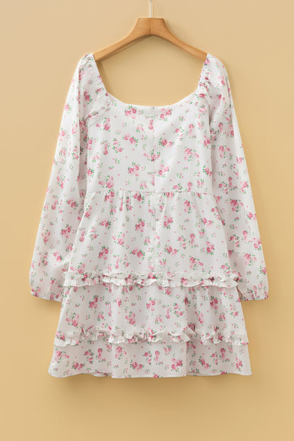 Pink Floral Print Long Sleeve Ruffle Detail Flared Mini Dress