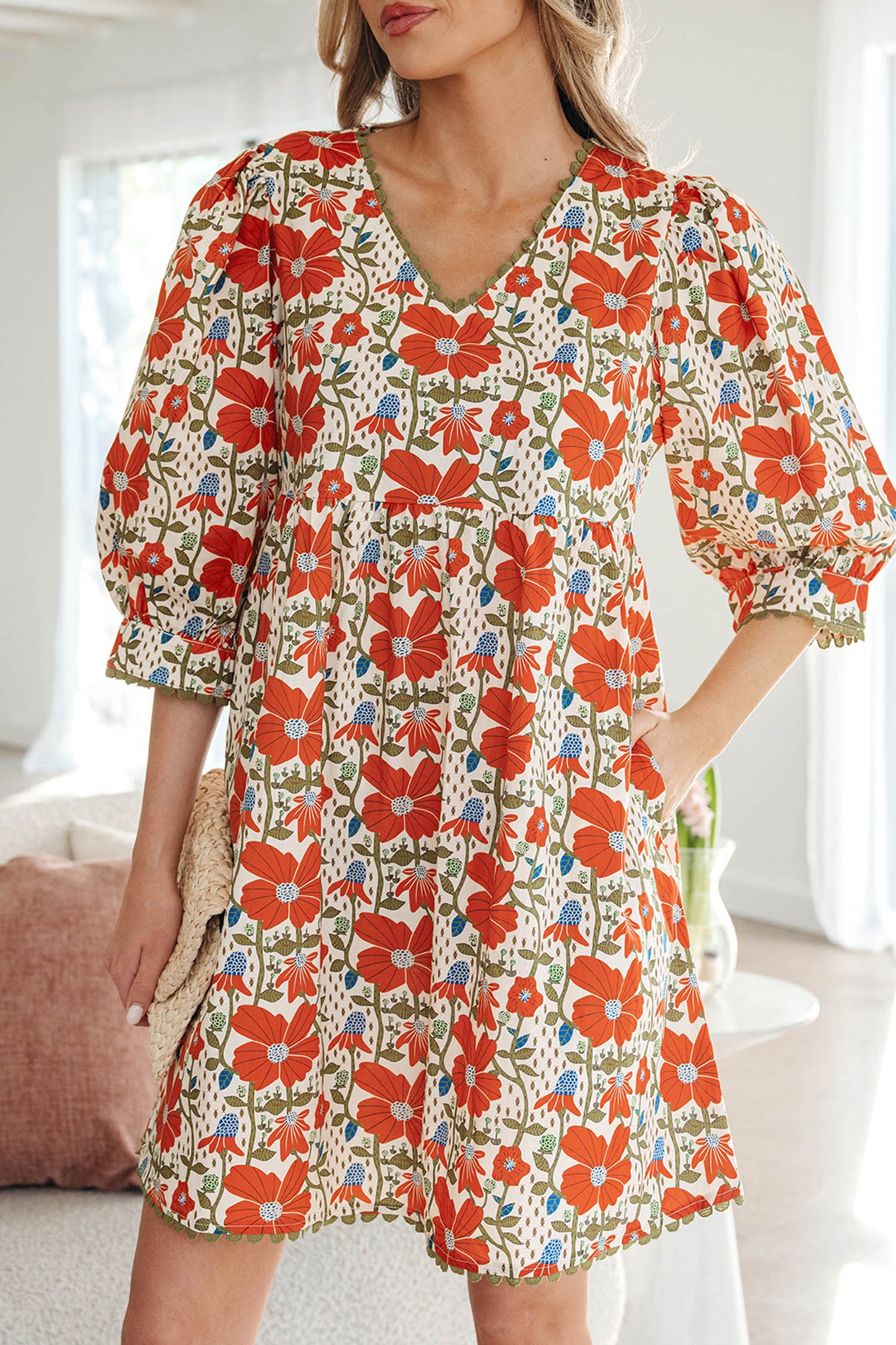 Red Floral Print Ricrac Trim V Neck 3/4 Sleeve Loose Mini Dress