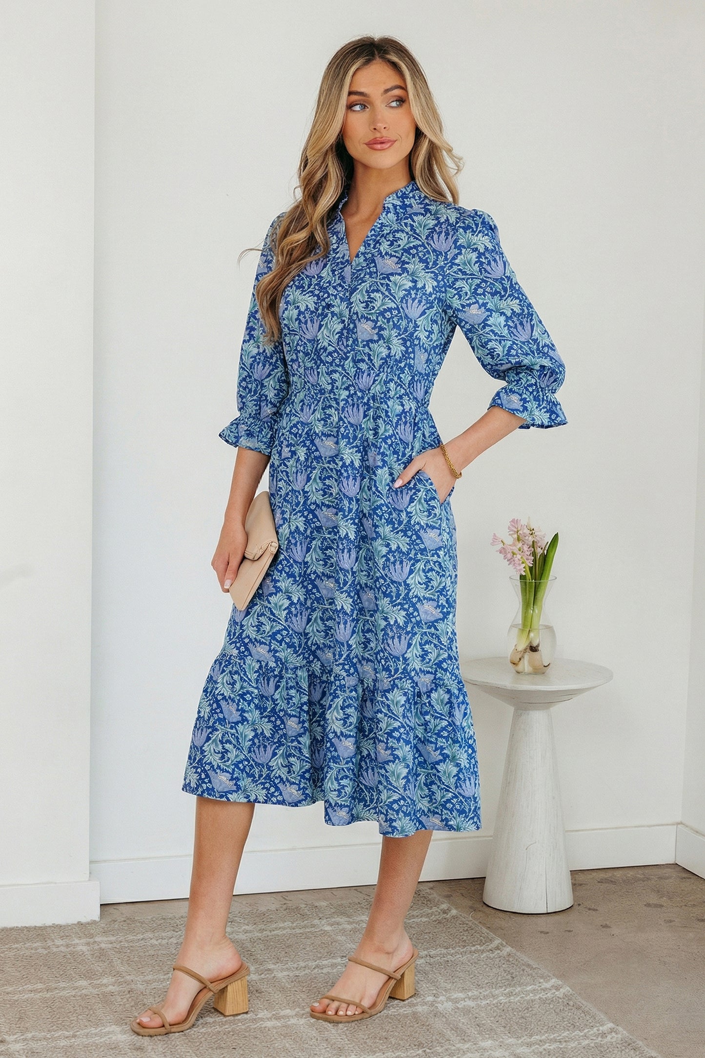 Brown Floral Printed Frilled V Neck Bracelet Sleeve Long Dress