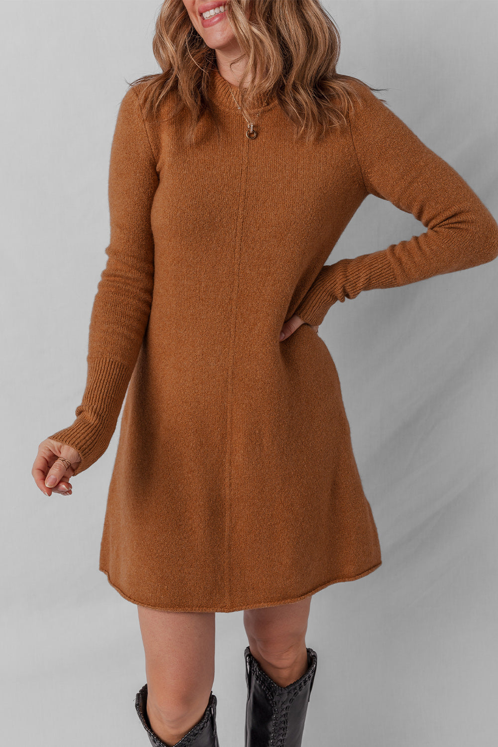 Straw Yellow Ribbed Detail Solid Color Mini Sweater Dress