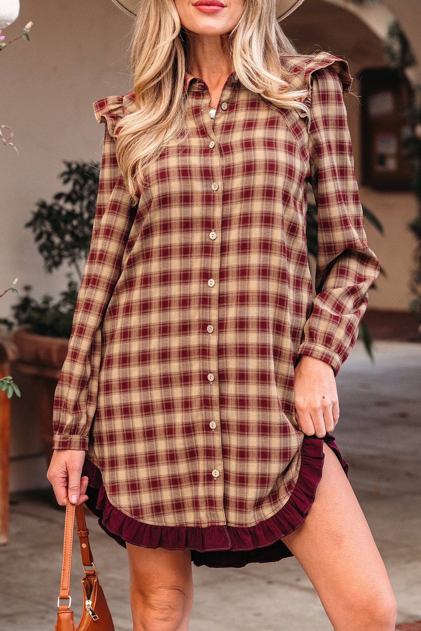 Red Plaid Print Ruffled Long Sleeve Patchwork Hem Mini Shirt Dress