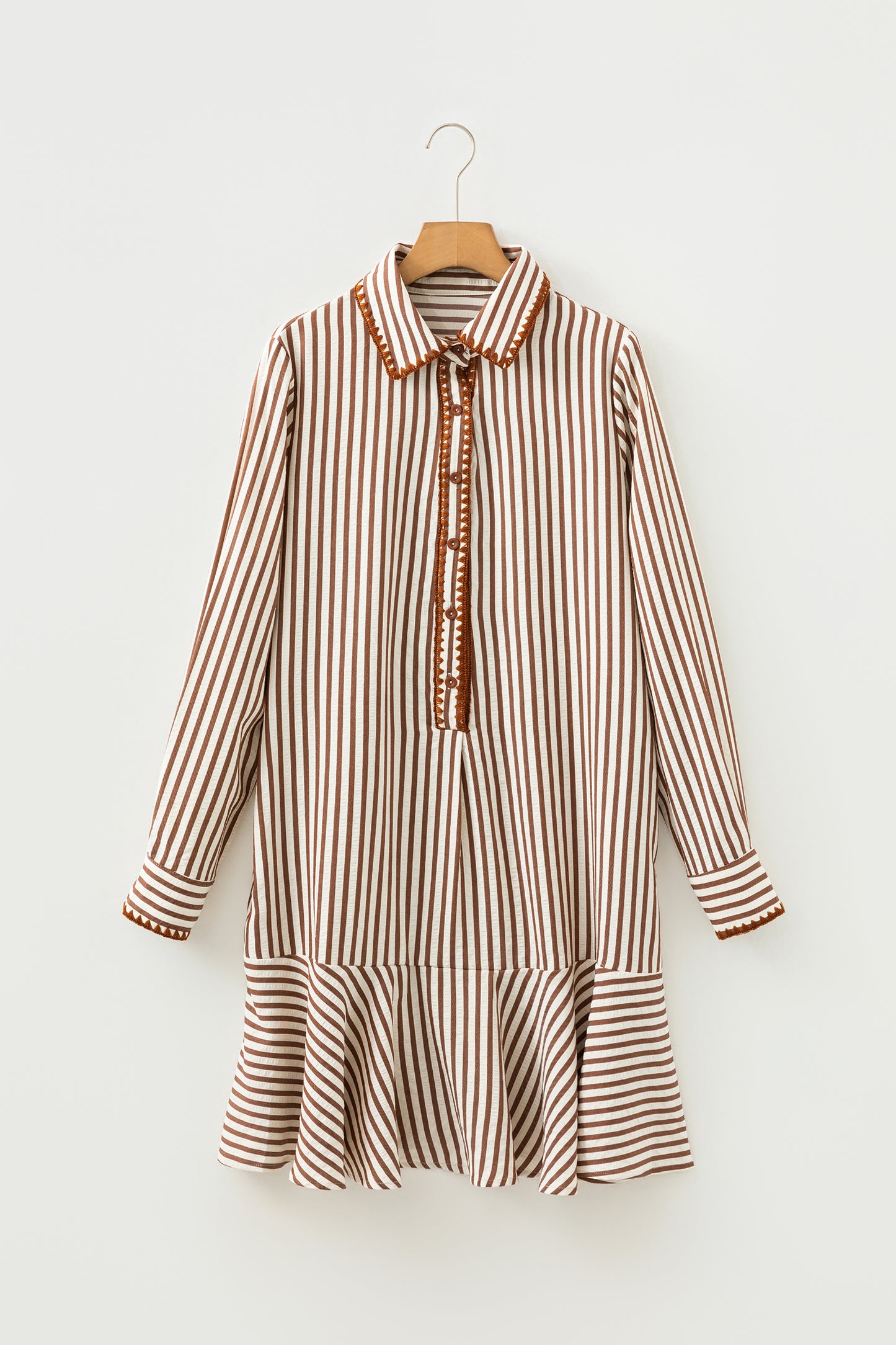 Khaki Stripe Shirt Collar Embroidered Trim Ruffle Hem Long Sleeve Mini Dress