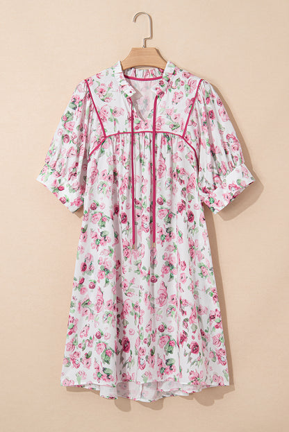 Pink Floral Split Neck Short Sleeve Loose Plus Size Mini Dress
