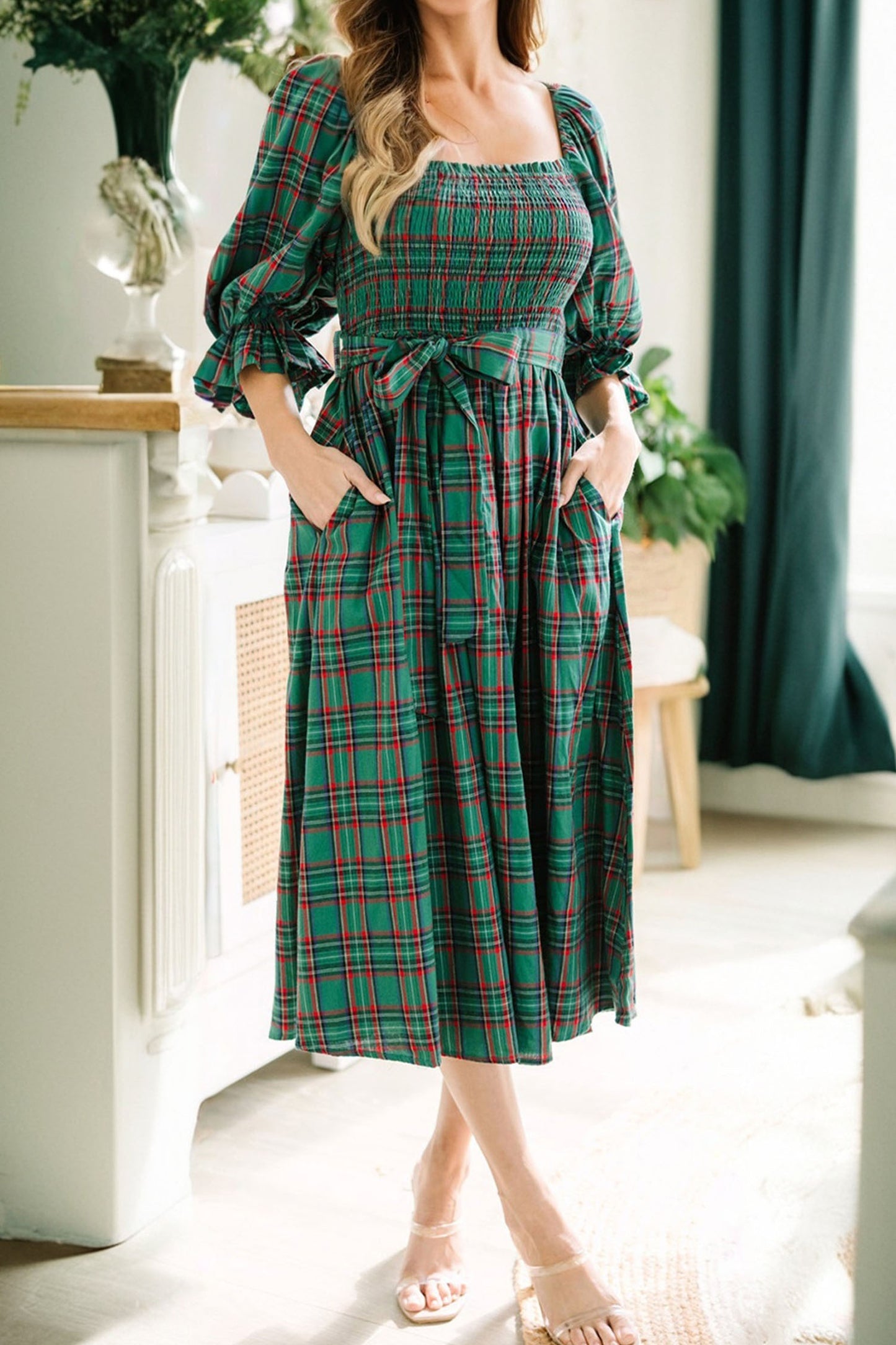 Red Tartan Plaid Square Neck Puff Sleeve Knot Waist Flared Midi Dress