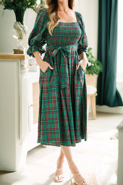 Red Tartan Plaid Square Neck Puff Sleeve Knot Waist Flared Midi Dress