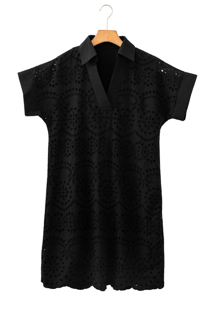 White Solid Color Eyelet Embroidered T Shirt Mini Dress
