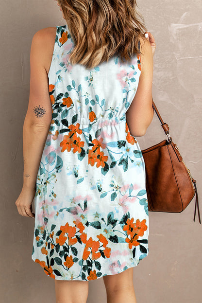 White Gray Floral Printed Sleeveless Button Up High Waist Mini Dress