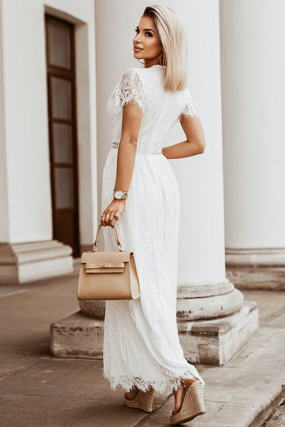 White V Neck High Waist Lace