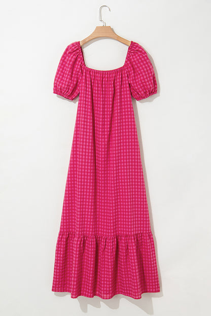 Rose Ginham Check Bubble Sleeve Ruffled Maxi Dress