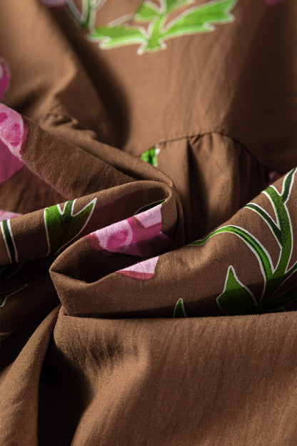 Brown Contrast Floral Print Babydoll Tunic Ruffled Hem Puff Sleeve Dress