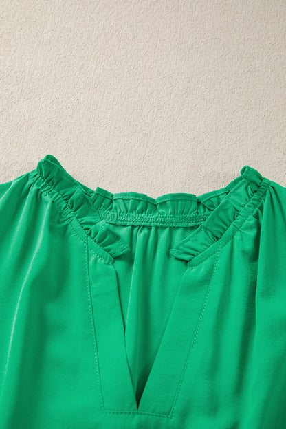 Clearly Aqua Solid Color V Neck Short Puff Sleeve High Waist Tiered Maxi Dress