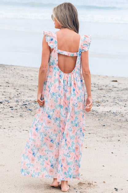 Pink Floral Print Square Neck Backless Long Dress with Slit
