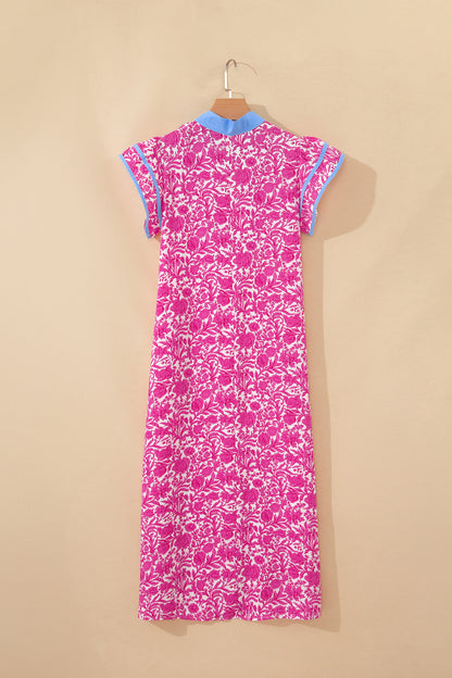 Green Floral Print Color Block Patchwork V Neck Short Sleeve Midi Dress